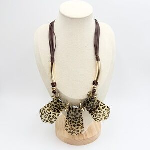C1946 Leopard Statement Necklace Brown Cord Gold Tone Acrylic Bib Necklace